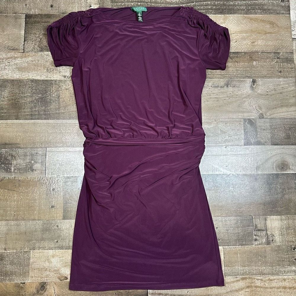 Lauren Ralph Lauren Women’s 8 Drop Waist Sheath Dress Purple Ruched Short Sleeve